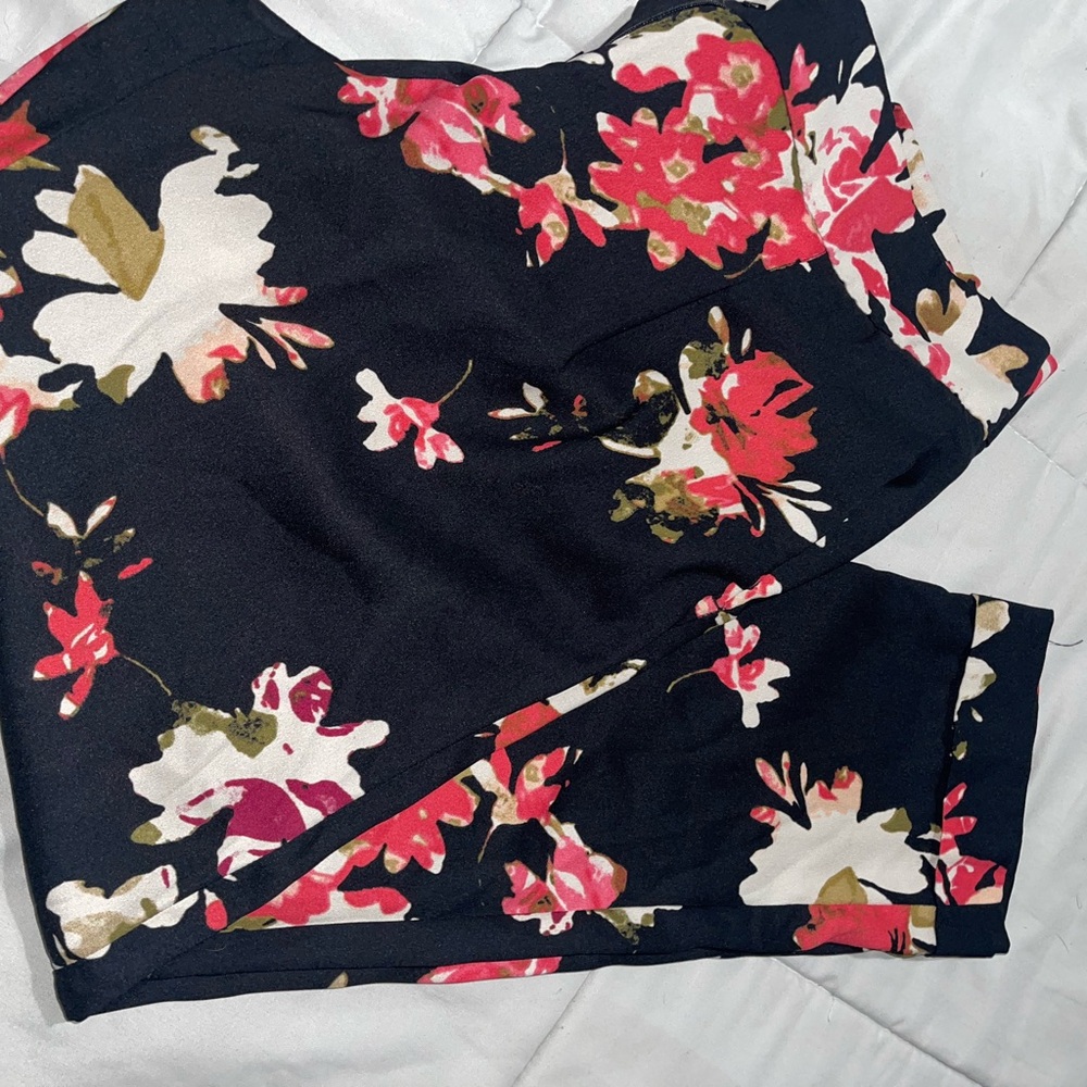 LOFT Black Pants with Red and White Floral Print